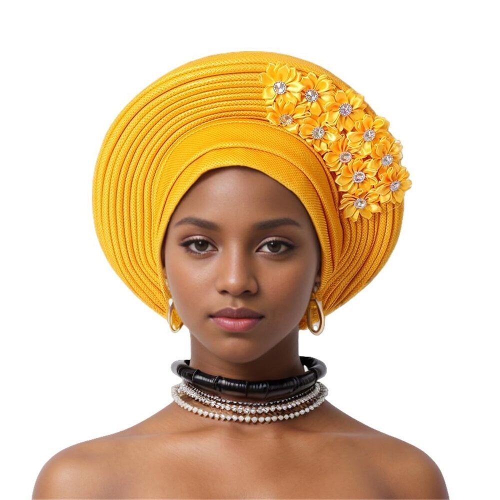 2238 African Turban Cap Nigeria Aoto Gele Head Ties with Flowers Wedding
